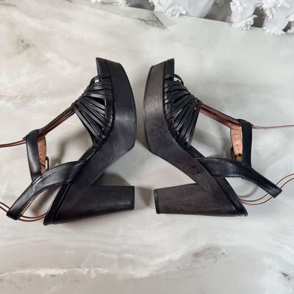 Corso Como Black Strappy Leather Platform Sandals Heels Ankle Strap Wood Heel 8 - Picture 5 of 12
